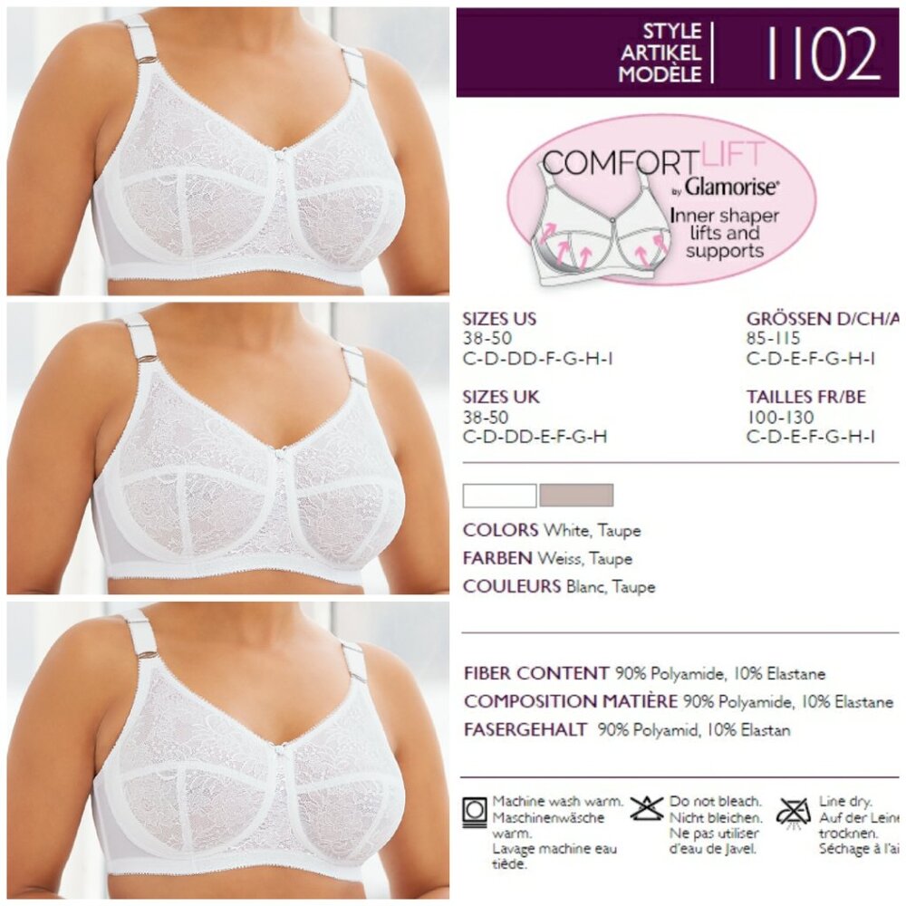 Set Of 3! 40C Glamorise COMFORT LIFT Bra (COTTON-LINED) Wireless LACE WHITE NEW